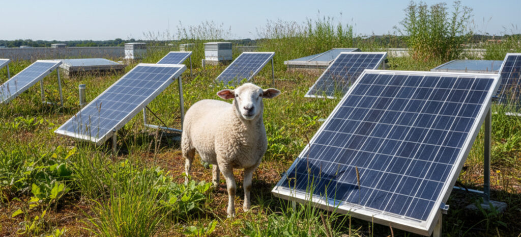 Gründach mit Photovoltaikanlage, teilweise zugewachsen, daneben ein Schaf als humorvolle Anspielung auf natürliche Rasenpflege.